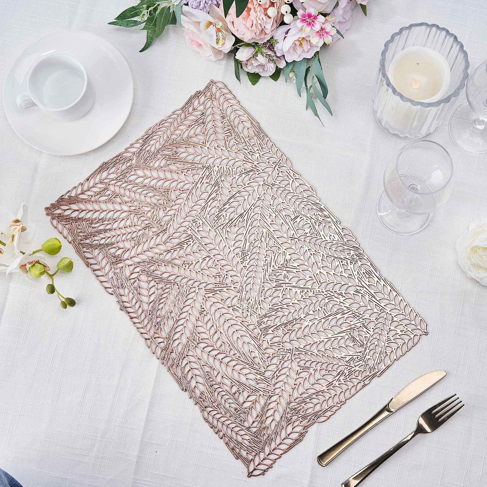 6-Pack Table Mats Wheat Design Rose Gold - Vinyl Rectangle Non-Slip Surface for Stylish Settings 12"x18"