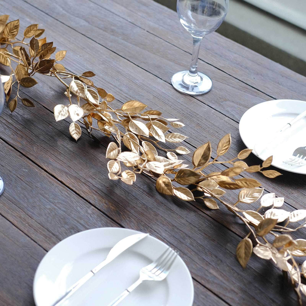 Artificial Magnolia Leaf Table Garland Metallic Gold - Decorative DIY Craft Hanging Vine Wreath 6ft