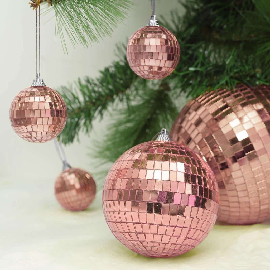 4 Pack 6" Rose Gold Foam Disco Mirror Ball With Hanging Strings, Holiday Christmas Ornaments