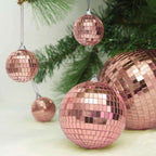 4 Pack 6" Rose Gold Foam Disco Mirror Ball With Hanging Strings, Holiday Christmas Ornaments