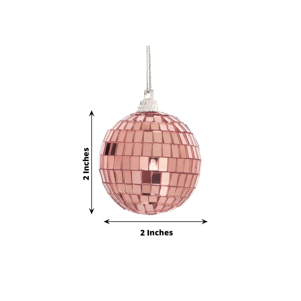 6 Pack 2" Rose Gold Foam Disco Mirror Ball With Hanging Strings, Holiday Christmas Ornaments