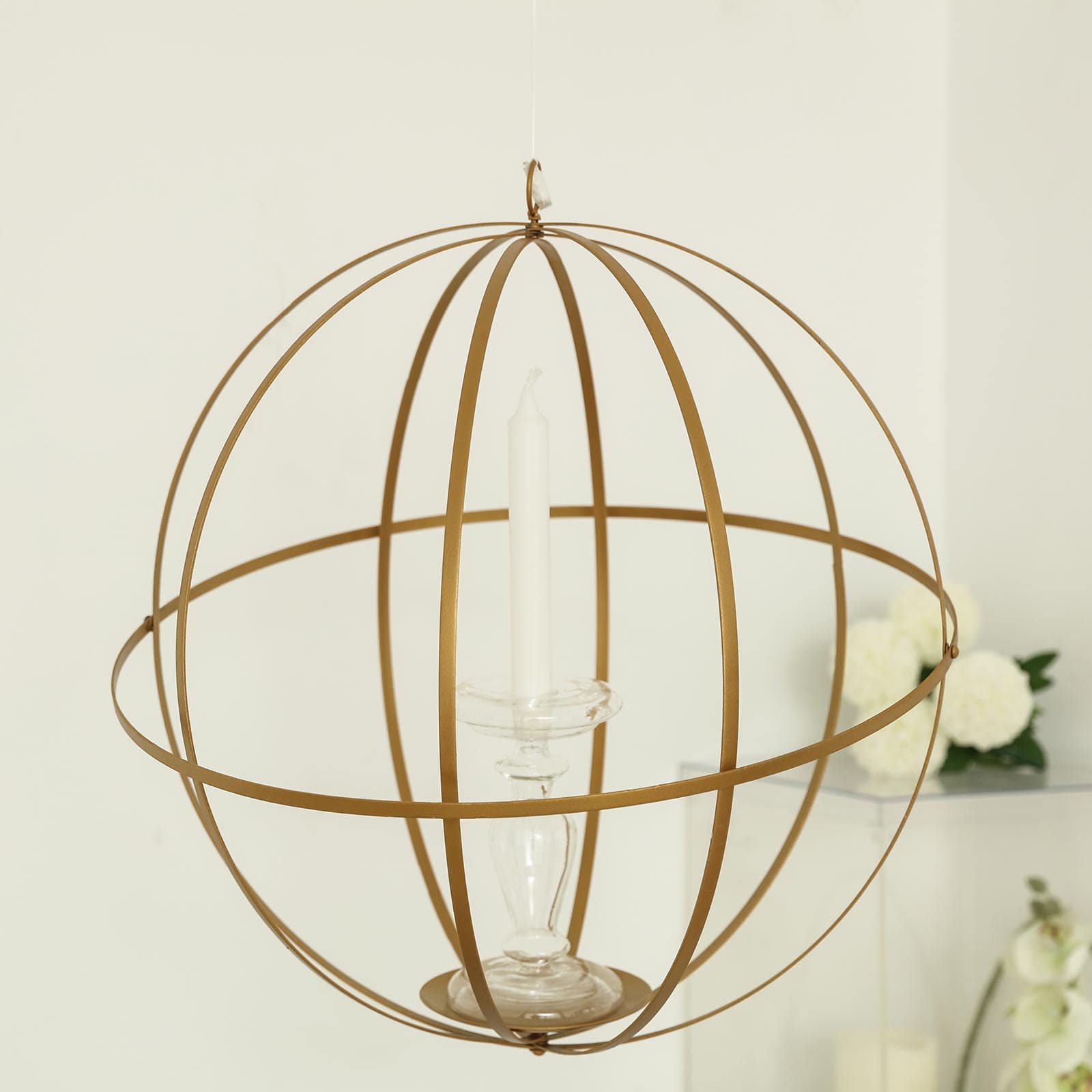 Hanging Sphere Candle Holder Gold Wrought Iron Open Frame Floral Display - Centerpiece Ball 12"