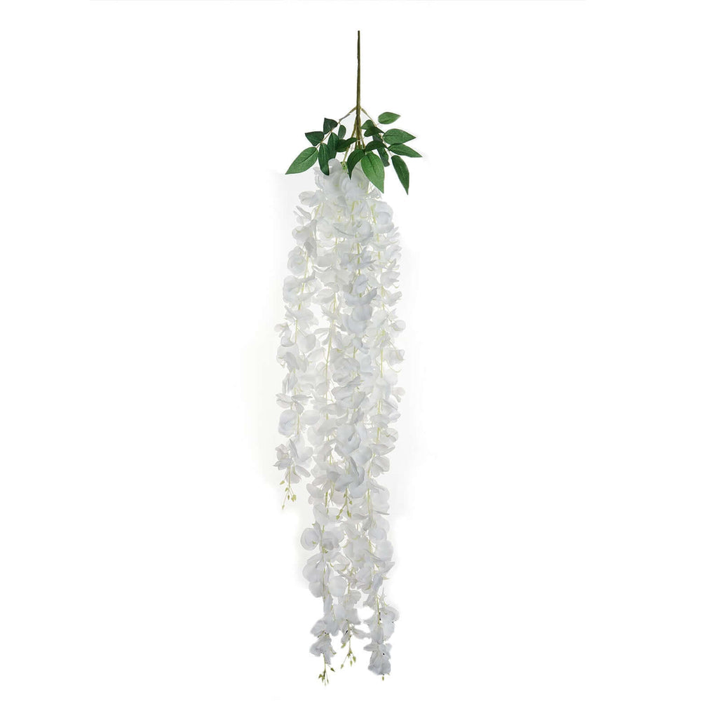 42" Silk Hanging Wisteria Flower Garland Vines in White, Elaborated 5 Full Strands in 1 Bush