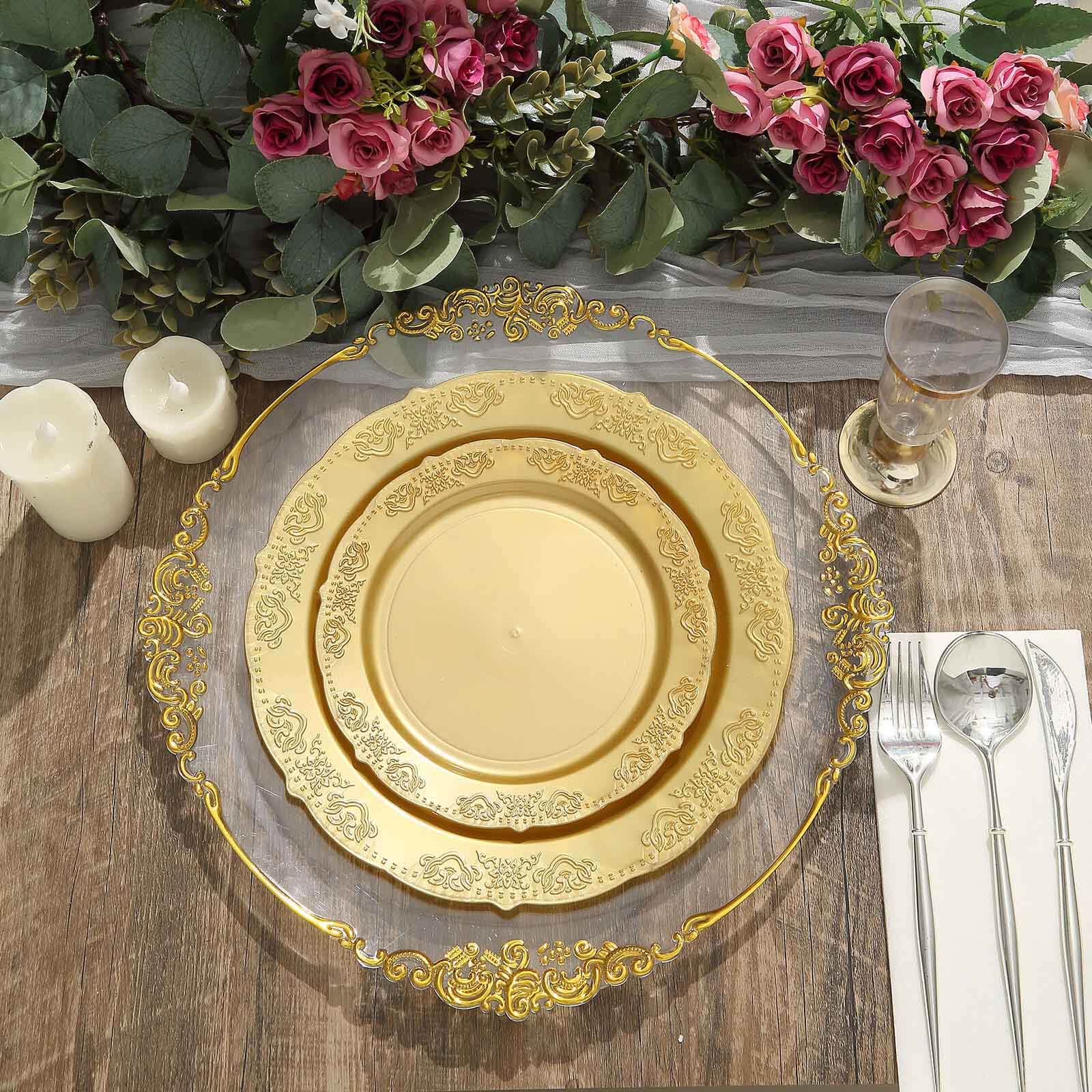 10-Pack Plastic 10" Round Dinner Plates Gold Embossed Scalloped Edge - Chic Disposable Party Plates for Special Occasions & Banquets