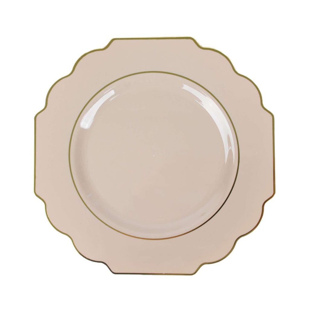 10-Pack Plastic Dinner Plates in Taupe Baroque Design with Scalloped Gold Rim - Heavy Duty Disposable Party Plates 11"