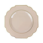 10-Pack Plastic Dinner Plates in Taupe Baroque Design with Scalloped Gold Rim - Heavy Duty Disposable Party Plates 11"