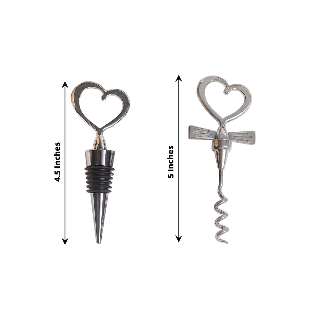 Silver Metal Heart Wine Bottle Opener Cork Stopper Party Favors Souvenir Gift Set, Wedding Favor in Velvet Box - 4.5",5"