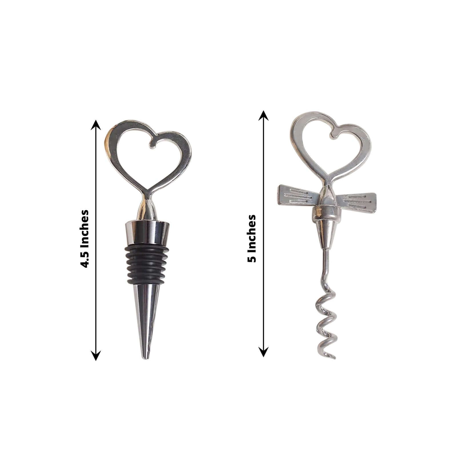 Silver Metal Heart Wine Bottle Opener Cork Stopper Party Favors Souvenir Gift Set, Wedding Favor in Velvet Box - 4.5",5"