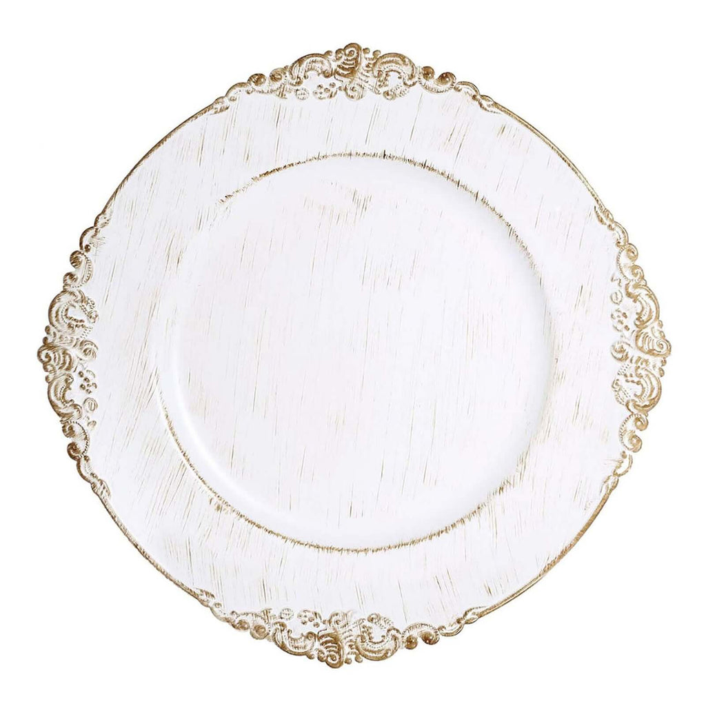 6-Pack Acrylic Round Charger Plates 13" in White Washed with Gold Embossed Baroque Rim, Antique Decorative Dinner Party Charger Tableware