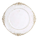6-Pack Acrylic Round Charger Plates 13" in White Washed with Gold Embossed Baroque Rim, Antique Decorative Dinner Party Charger Tableware