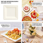 50-Pack Bagasse 10" Square Dinner Plates in White with Wide Rim - Eco Friendly Biodegradable Sugarcane Party Plates for Events