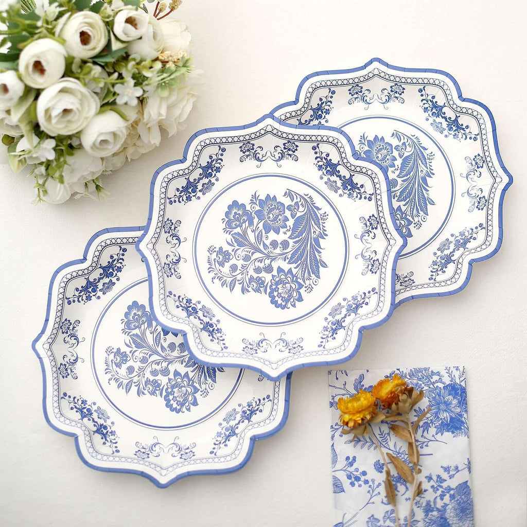 25-Pack Paper Dessert Plates in White with Light Blue Damask Floral Print & Scallop Rim - Stylish Disposable 300GSM Floral Salad Appetizer Plates 8"