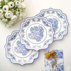 25-Pack Paper Dessert Plates in White with Light Blue Damask Floral Print & Scallop Rim - Stylish Disposable 300GSM Floral Salad Appetizer Plates 8"