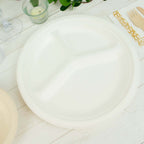 50-Pack Bagasse 10" Round Dinner Plates in White with 3-Compartments - Eco Friendly Biodegradable Sugarcane Divided Plates for Food Trucks Catering & Events