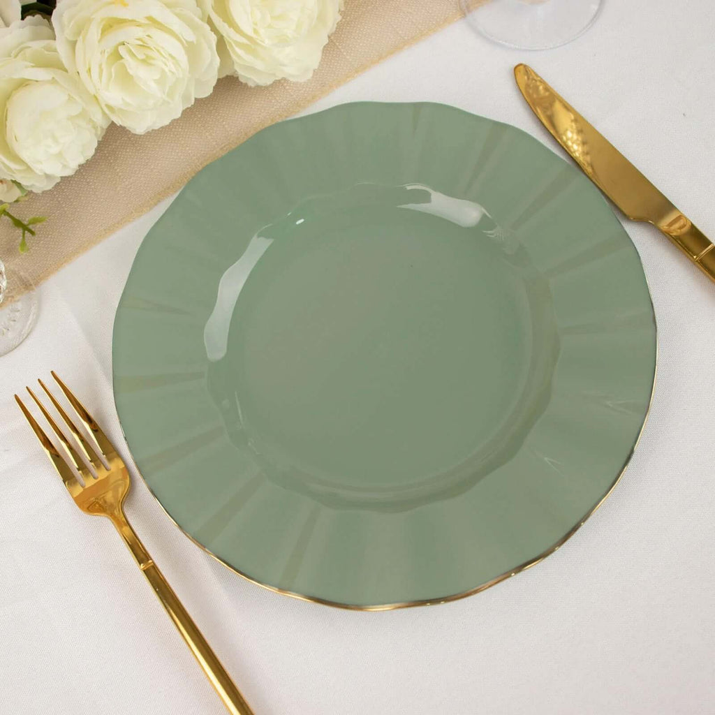10-Pack Plastic 9" Round Dinner Plates in Dusty Sage Green Ruffled Rim with Gold Edging - Sturdy Disposable Dinnerware