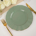 10-Pack Plastic 9" Round Dinner Plates in Dusty Sage Green Ruffled Rim with Gold Edging - Sturdy Disposable Dinnerware