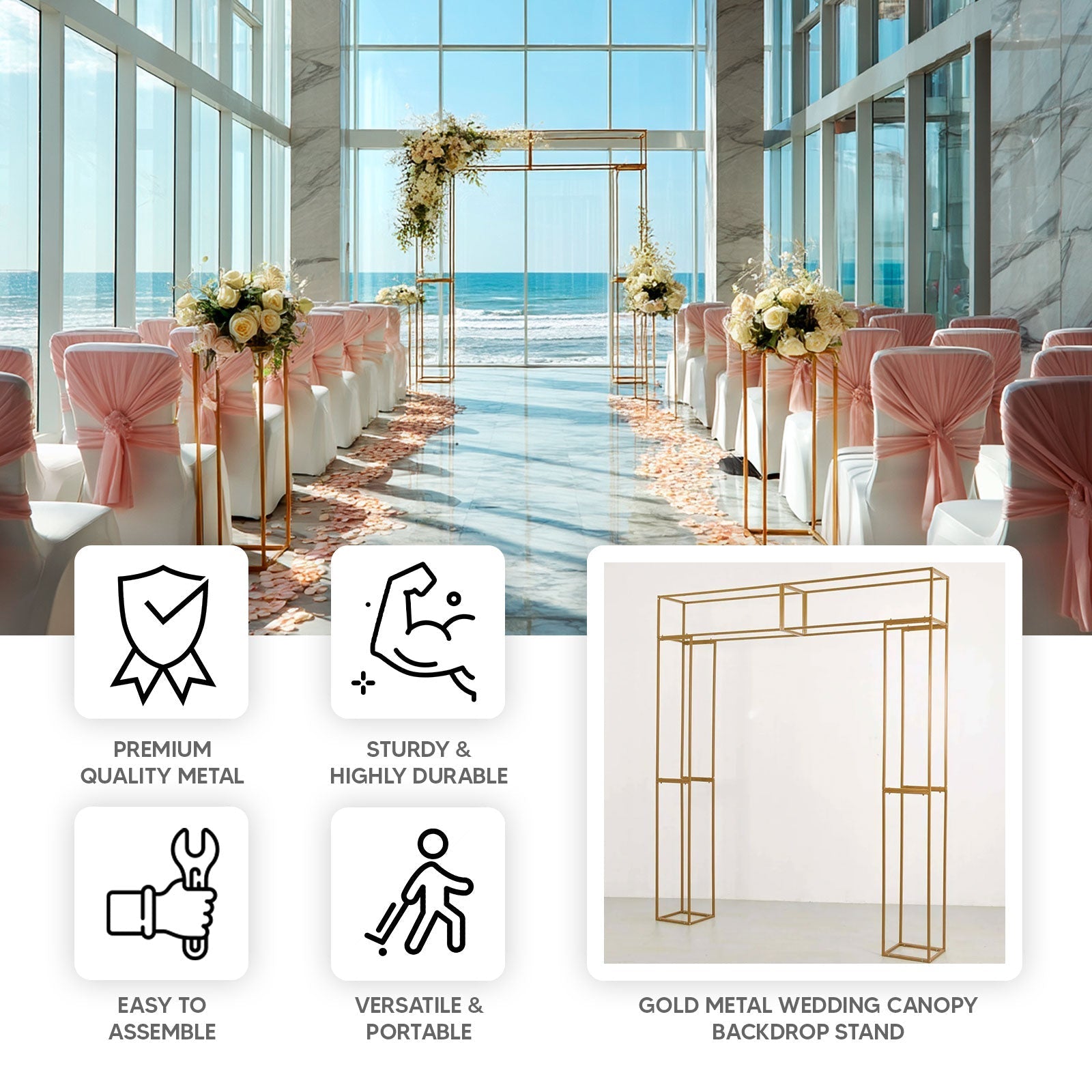 Heavy Duty Gold Metal 3D Rectangular Wedding Arch, 8ft Floral Balloon Frame Backdrop Stand - Bell Racket Store