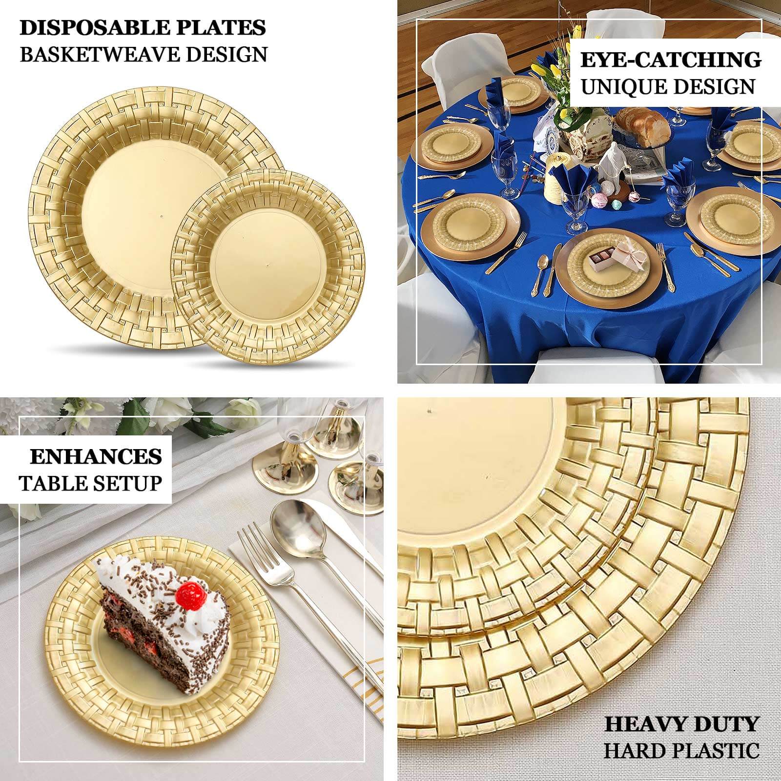 10 Pack 7" Gold Basketweave Rim Plastic Salad Dessert Plates, Round Disposable Appetizer Plates