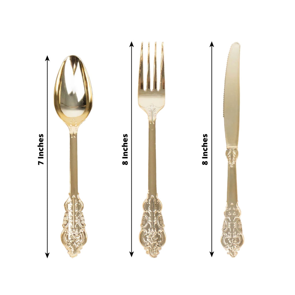 24 Pcs Plastic Silverware Set in Baroque Style Metallic Gold - Heavy Duty Disposable Knife, Fork, and Spoon Set