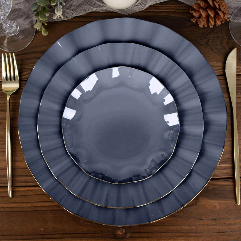 10-Pack Plastic Round 6" Dessert Plates in Navy Blue Ruffled Rim with Gold Edging - Sturdy Disposable Salad Appetizer Dinnerware