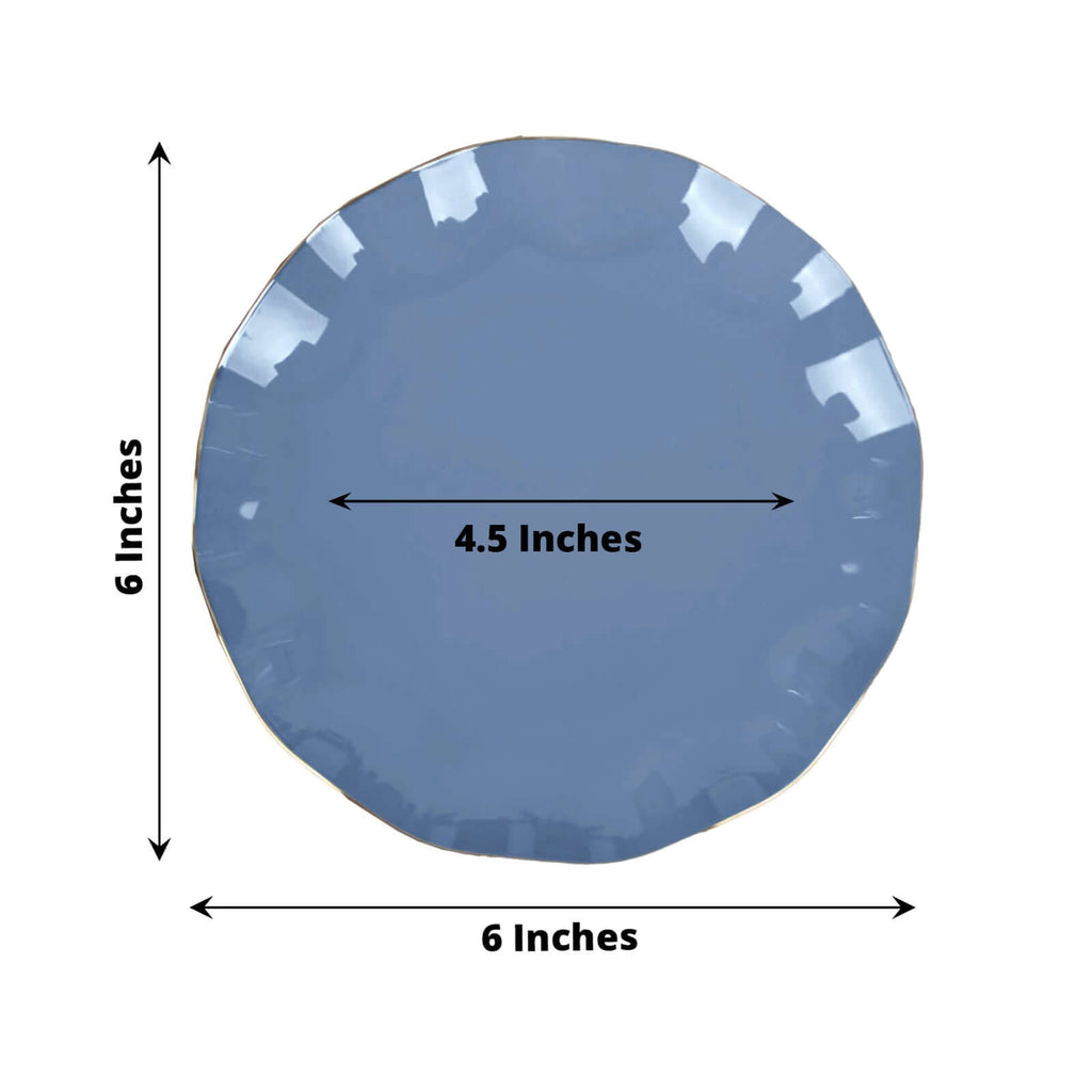 10-Pack Plastic Round 6" Dessert Plates in Ocean Blue Ruffled Rim with Gold Edging - Sturdy Disposable Salad Appetizer Dinnerware
