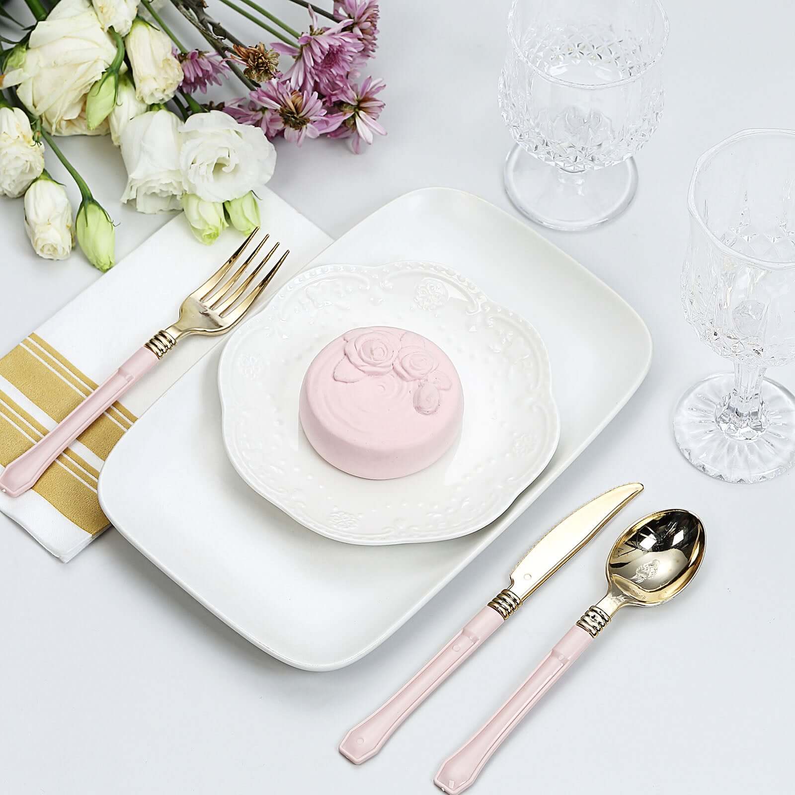 24 Pack Gold 7.5" Heavy Duty Plastic Knives with Blush Handle, Disposable Silverware