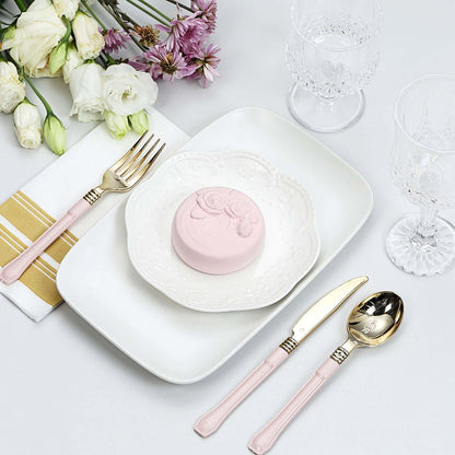 24 Pack Gold 7.5" Heavy Duty Plastic Knives with Blush Handle, Disposable Silverware