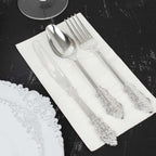 24 Pcs Plastic Silverware Set in Baroque Style Metallic Silver - Heavy Duty Disposable Knife, Fork, and Spoon Set
