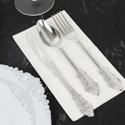 24 Pcs Plastic Silverware Set in Baroque Style Metallic Silver - Heavy Duty Disposable Knife, Fork, and Spoon Set