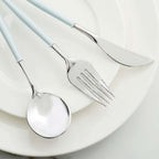 24-Pack Plastic Flatware Set in Silver with Light Blue Handle - Heavy Duty Disposable Modern Silverware 8"