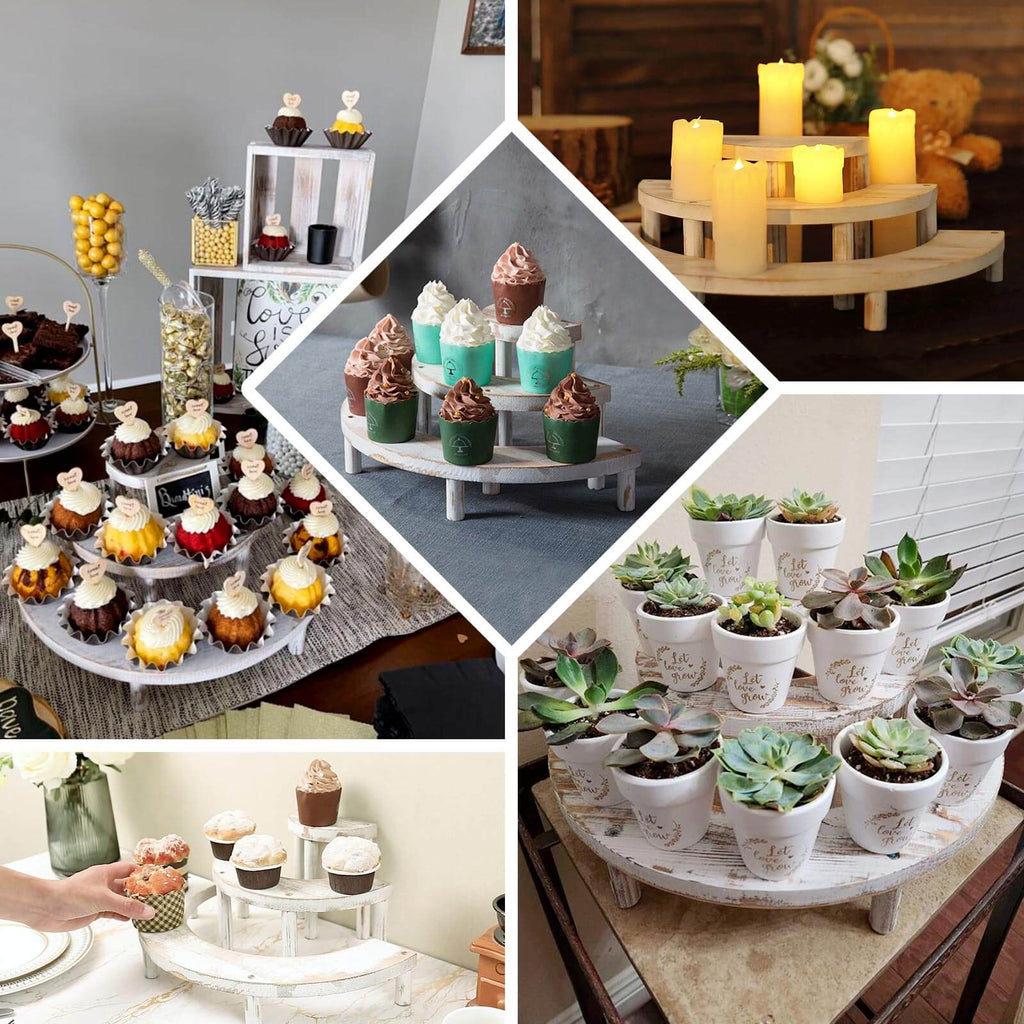 Set of 3 Wooden Dessert Pedestals Rustic Whitewashed 3-Tier Semicircle Design - Half Moon Cupcake Display Risers 7", 13", 18"