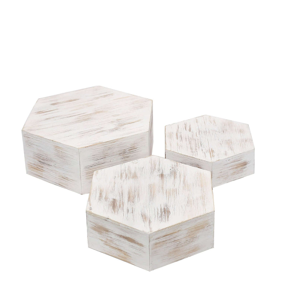 Set of 3 Wooden Dessert Display Boxes Whitewashed Hexagonal Design - Stackable Riser Cake Stand 9", 11", 13"