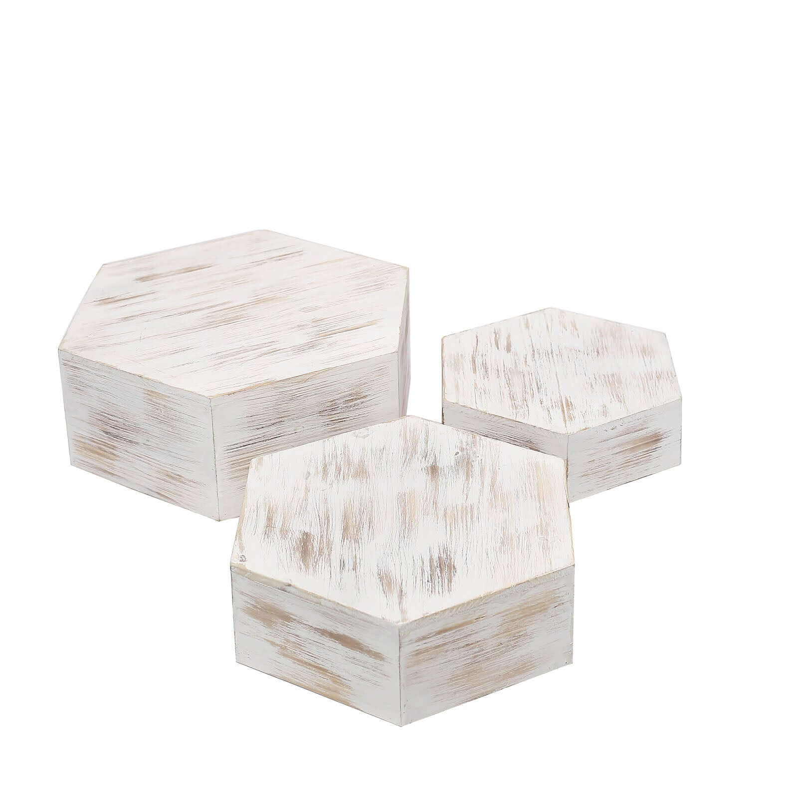Set of 3 Wooden Dessert Display Boxes Whitewashed Hexagonal Design - Stackable Riser Cake Stand 9", 11", 13"