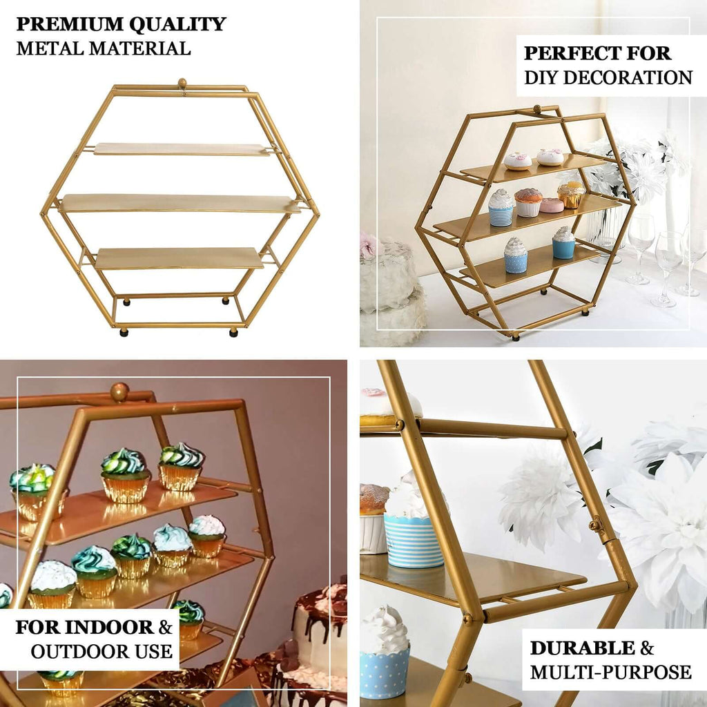 3-Tier Metal Hexagon Cupcake Stand Matte Gold - Stylish Geometric Dessert Holder Appetizer Display for Modern Weddings Dessert Buffets & Celebrations 21"