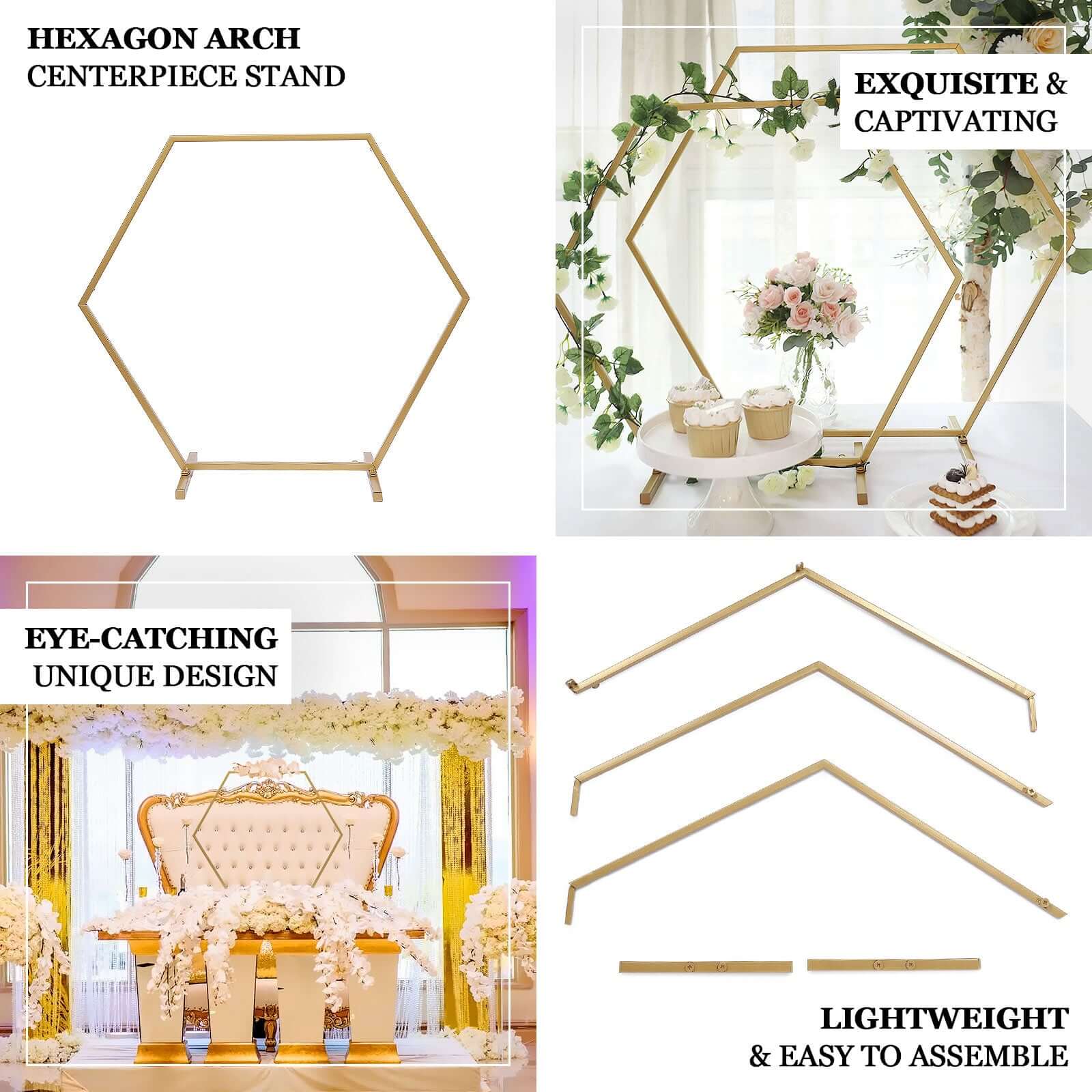 Hexagon Wedding Arch Table Centerpiece Metal Gold - Self - Standing Geometric Flower Balloon Stand 21" - Bell Racket Store