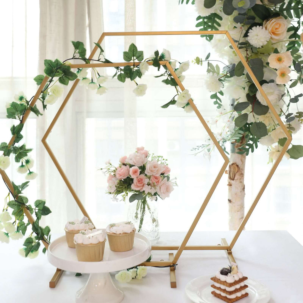 Hexagon Wedding Arch Table Centerpiece Metal Gold - Self - Standing Geometric Flower Balloon Stand 24" - Bell Racket Store