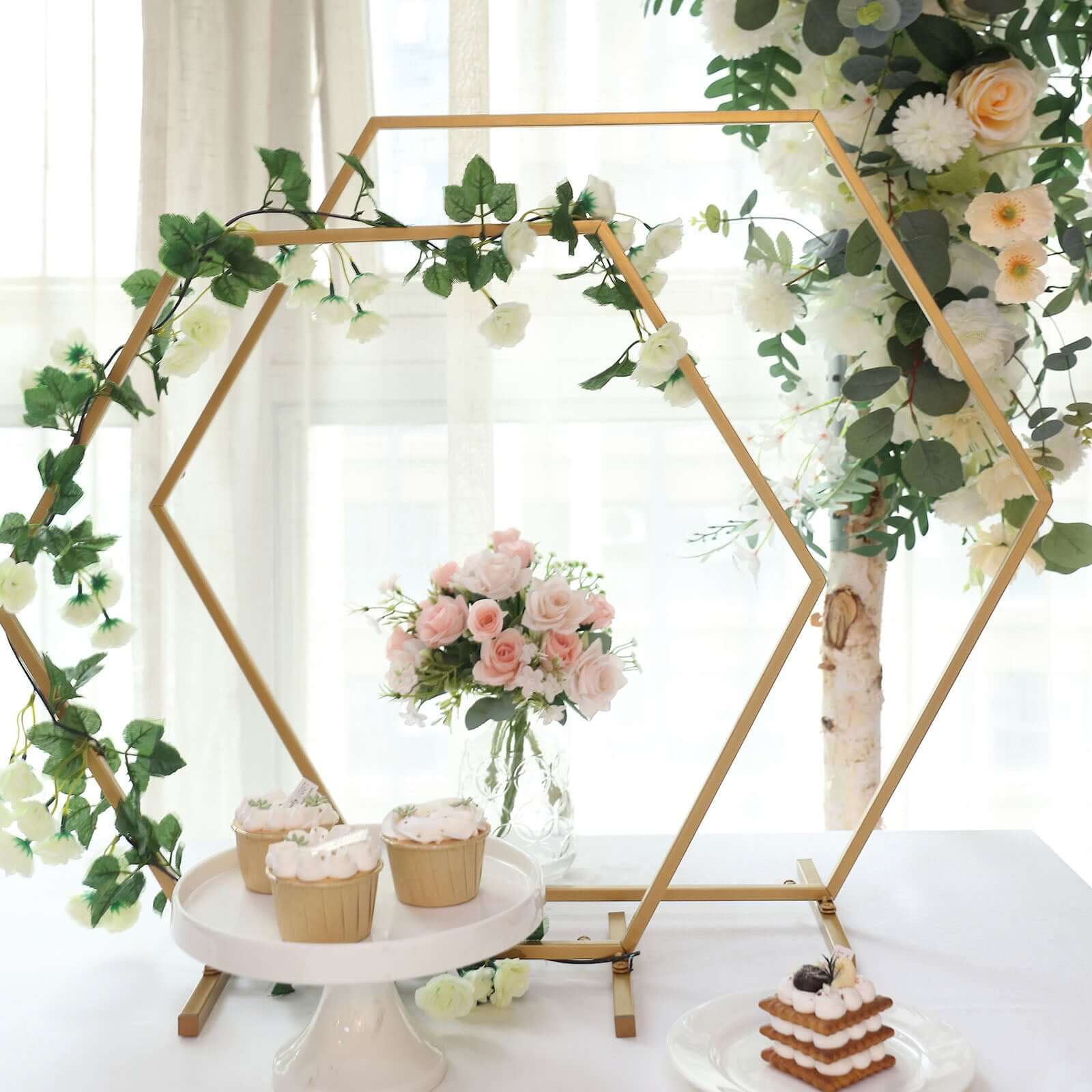Hexagon Wedding Arch Table Centerpiece Metal Gold - Self - Standing Geometric Flower Balloon Stand 24" - Bell Racket Store