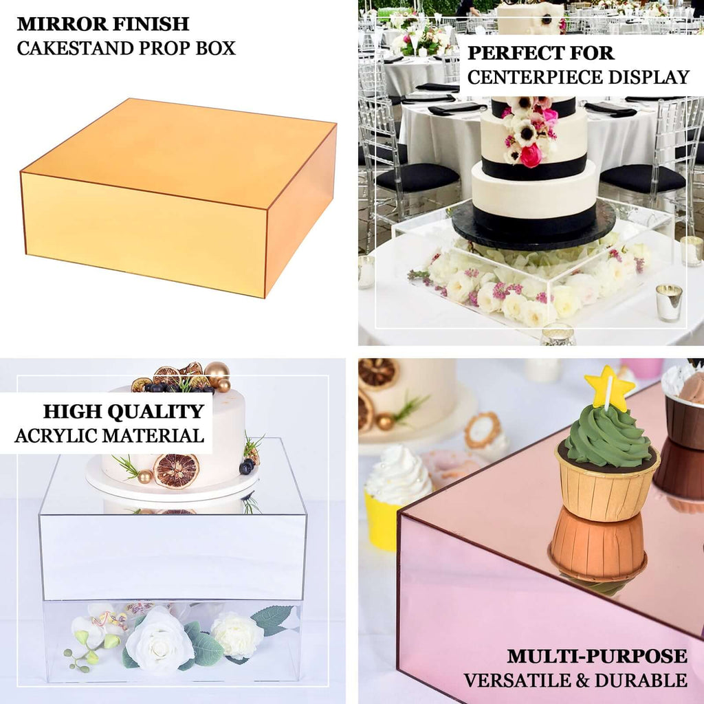Acrylic Cake Box Stand Pedestal Riser Mirror Finish Gold - Display for Desserts and Events 14"x14"