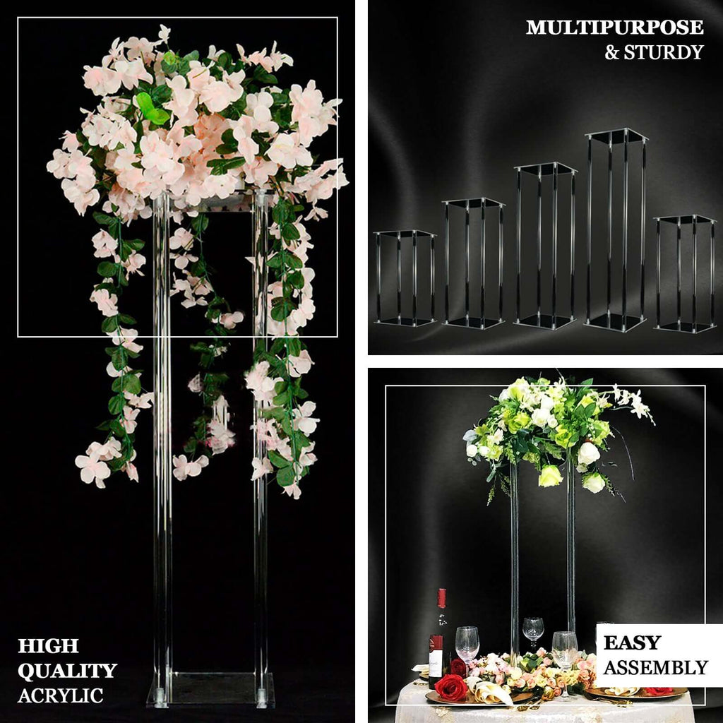 Acrylic Floor Vase Flower Stand with Square Mirror Base Clear - Decorative Wedding Column Centerpiece 32"