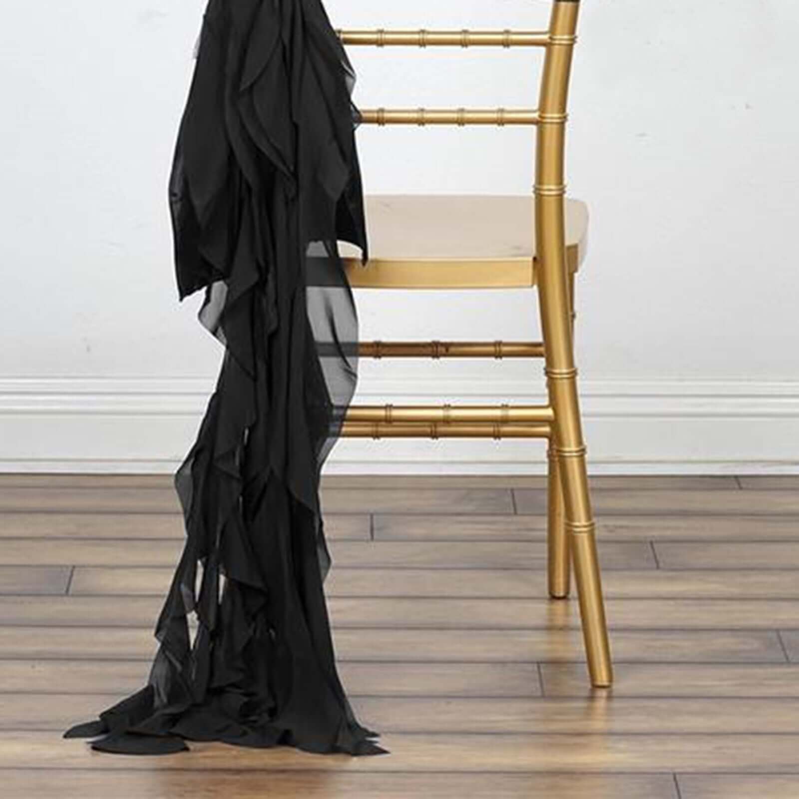Chiffon Chair Sash with Curly Design Black - Stylish Event Decor for Weddings & Gatherings