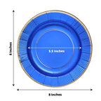 25-Pack Paper 8" Round Dessert Plates in Royal Blue Sunray Design with Gold Rim - Disposable Heavy Duty 350GSM Appetizer Salad Plates