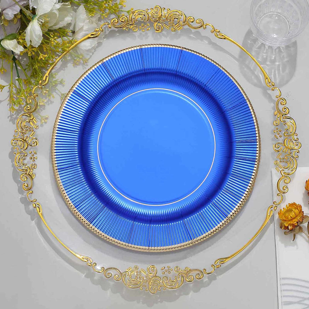 25-Pack Paper 10" Round Dinner Plates in Royal Blue Sunray Design with Gold Rim - Disposable Heavy Duty 350GSM Party Plates