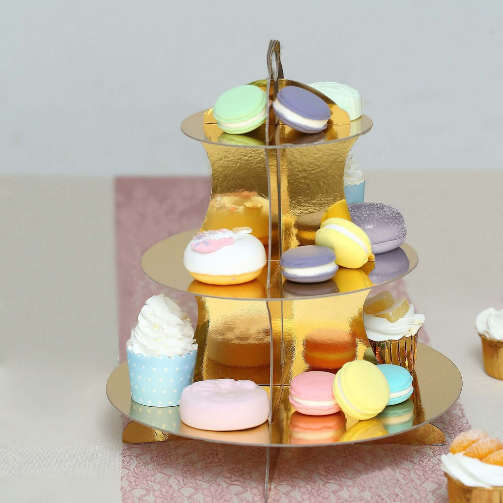 3-Tier Cardboard Cupcake Stand Metallic Gold - Reusable Dessert Table Display Tower for Classy Birthday Wedding Party Decoration 14"