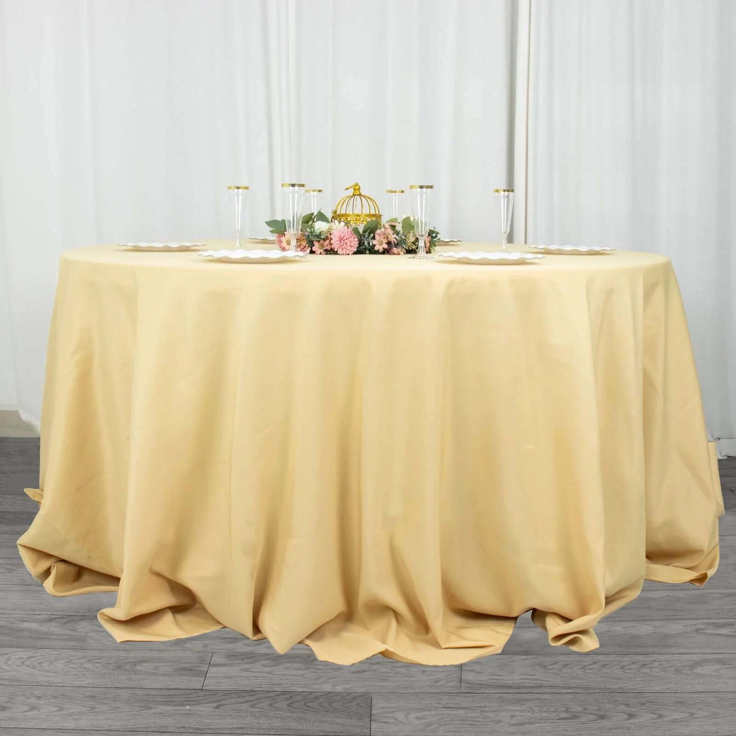 Premium Polyester 132" Round Tablecloth Champagne - Seamless 220GSM Wrinkle-Resistant Table Cover