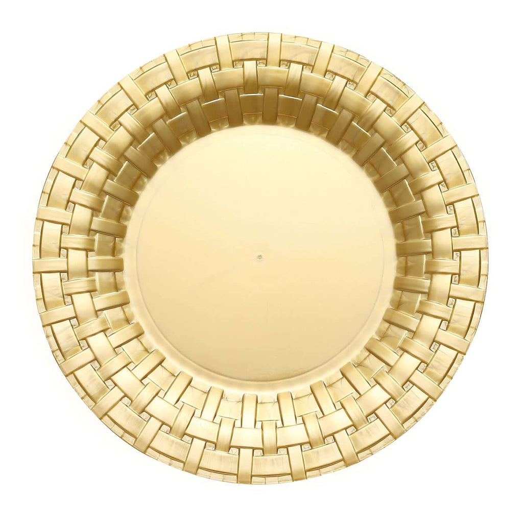 10-Pack Plastic Dinner Plates Gold Basketweave Rim - Durable Disposable Dinner Plates 10"