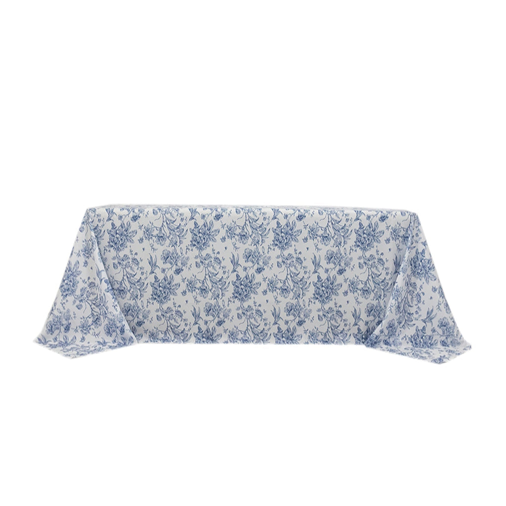 Polyester 90"x132" Rectangle Tablecloth White - Seamless Blue French Toile Pattern for Upscale Events