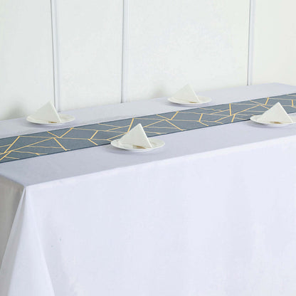 Polyester 9ft Table Runner Dusty Blue with Gold Foil Modern Geometric Accent