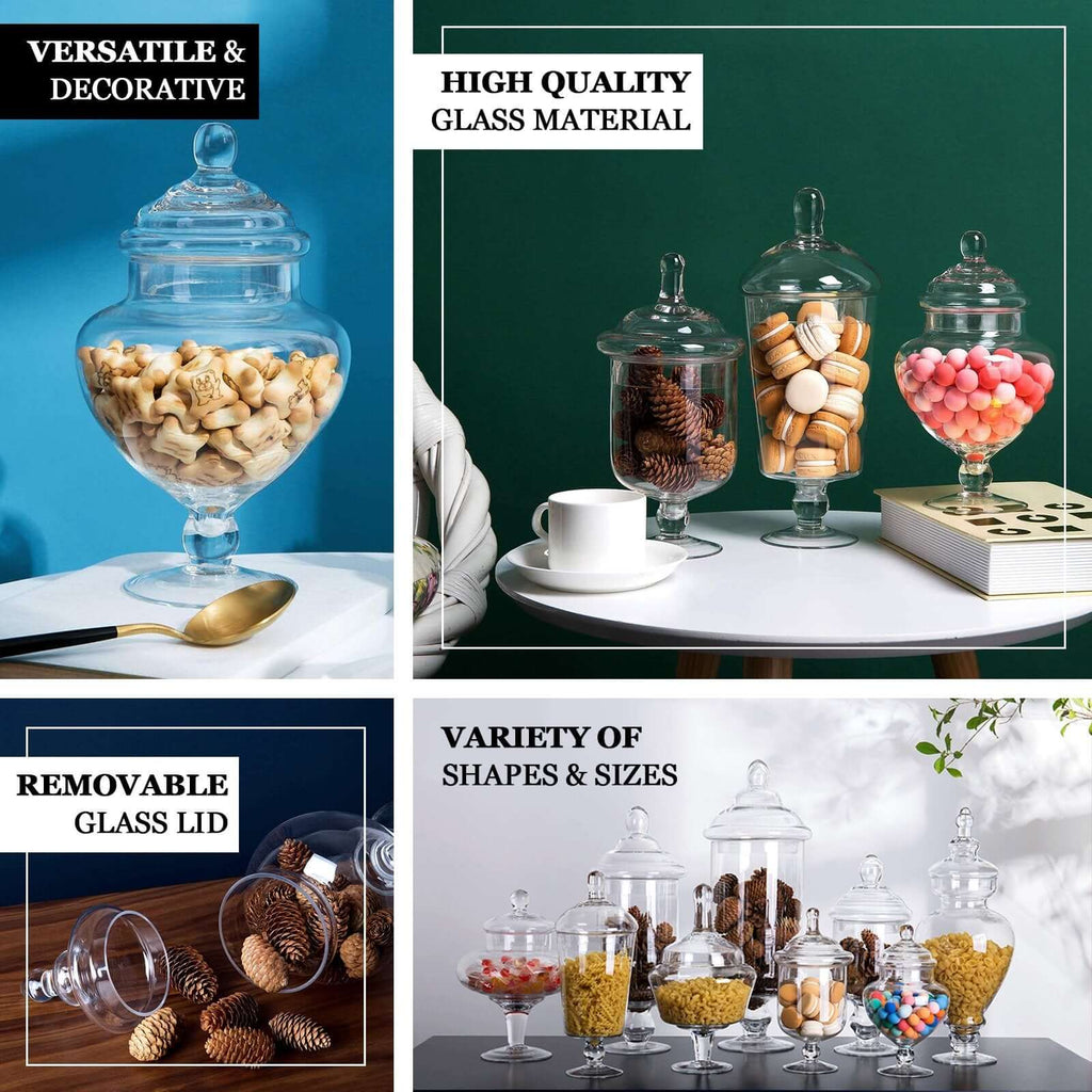 Set of 3 Glass Jars Apothecary Design Clear and Snap-On Lids - Stylish Decorative Candy Buffet Storage 8.5", 9", 10"