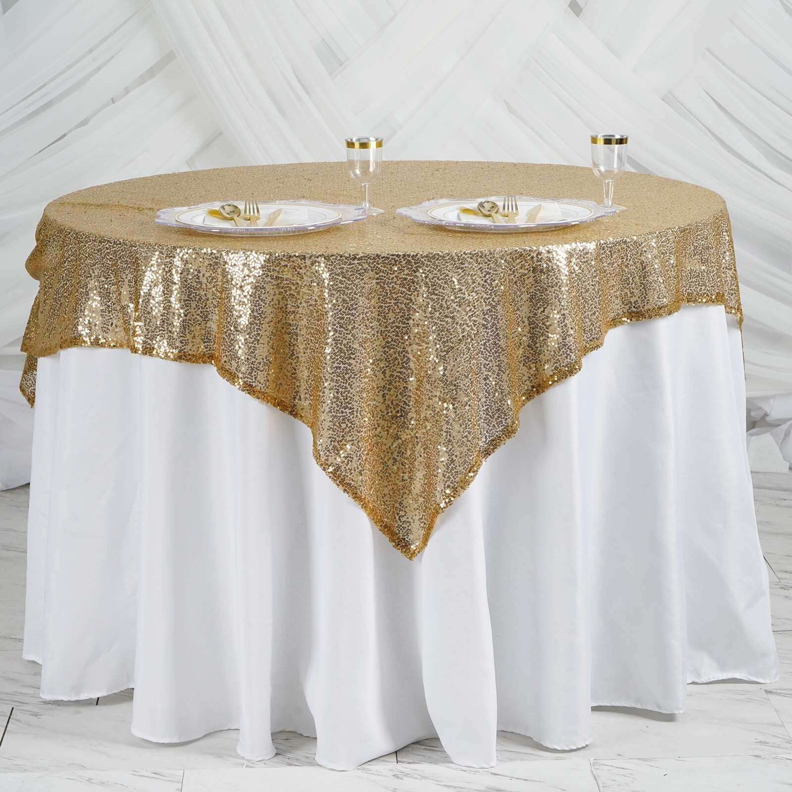 Sequin 60"x60" Table Overlay Square Tablecloth Gold - Luxe Wedding Table Topper