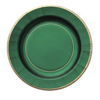 25-Pack Paper 10" Round Dinner Plates in Hunter Emerald Green Sunray Design with Gold Rim - Disposable Heavy Duty 350GSM Party Plates